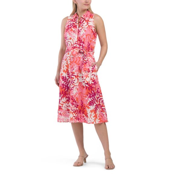 LONDON TIMES Pink Multi Linen Blend Midi Shirt Dress - Picture 1 of 2